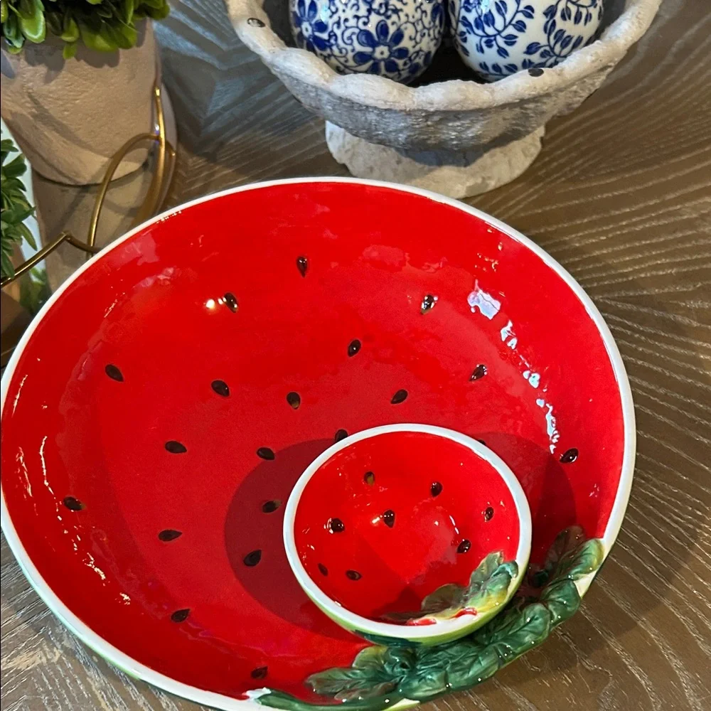 NEW! Ceramic Stoneware Vibrant Watermelon Chip & Dip Serving Fruit Bowl